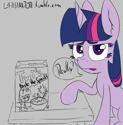 Size: 809x820 | Tagged: safe, artist:magical disaster, twilight sparkle, g4, 30 minute art challenge, cereal, disappointed, female, reaction, solo, twi's