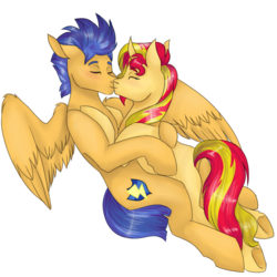 Size: 1000x1000 | Tagged: safe, artist:fluffyrainbowsheep, flash sentry, sunset shimmer, pegasus, pony, unicorn, g4, backwards cutie mark, blushing, boop, couple, cuddling, curved horn, cute, eyes closed, female, floppy ears, horn, kissing, love, male, mare, noseboop, ship:flashimmer, shipping, simple background, smiling, snuggling, spread wings, stallion, straight, transparent background, underhoof