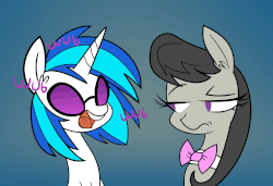 Size: 1466x1000 | Tagged: safe, artist:herny, dj pon-3, octavia melody, vinyl scratch, earth pony, pony, unicorn, g4, animated, annoying, bow, bowtie, female, frown, glare, mare, octavia is not amused, open mouth, raised eyebrow, smiling, unamused, wub