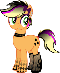 Size: 3000x3638 | Tagged: dead source, safe, artist:theshadowstone, applejack, earth pony, pony, g4, alternate hairstyle, applepunk, bow, choker, ear piercing, eyeshadow, female, fishnet stockings, goth, gothic, gothic applejack, high res, mare, piercing, ponymania, simple background, smiling, solo, tail wrap, tattoo, transparent background, vector