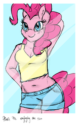 Size: 2500x4000 | Tagged: safe, artist:lisa400, pinkie pie, earth pony, anthro, g4, armpits, belly button, cleavage, clothes, female, midriff, muffin top, plump, polaroid, pose, shorts, sketch, solo, tank top