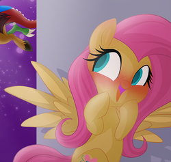 Size: 540x511 | Tagged: safe, artist:falleninthedark, artist:stepandy, discord, fluttershy, draconequus, pegasus, pony, g4, blushing, cropped, duckery in the description, open mouth, smiling, spread wings, squee, wings