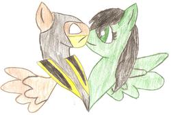 Size: 1216x816 | Tagged: safe, artist:5raptor5, pegasus, pony, boop, crossover, jade (mortal kombat), mortal kombat, noseboop, ponified, scorpion (mortal kombat), shipping, traditional art