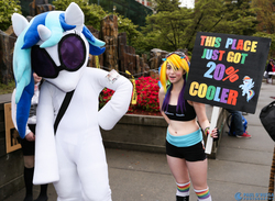 Size: 3000x2199 | Tagged: safe, dj pon-3, rainbow dash, vinyl scratch, human, g4, belly button, cosplay, fursuit, high res, irl, irl human, midriff, photo