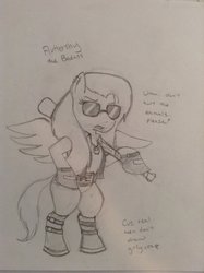 Size: 600x803 | Tagged: safe, artist:gathion, fluttershy, pony, g4, baseball bat, bipedal, female, monochrome, sketch, solo, sunglasses, traditional art