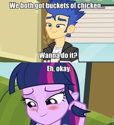 Size: 640x703 | Tagged: safe, edit, edited screencap, screencap, flash sentry, twilight sparkle, equestria girls, g4, blushing, caption, comic, expiration date, female, image macro, love & war update, male, meme, reference, roflbot, scout (tf2), ship:flashlight, shipping, straight, team fortress 2, text