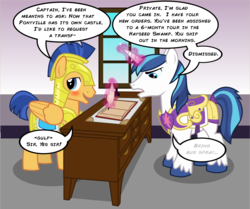Size: 2000x1671 | Tagged: safe, artist:cheezedoodle96, flash sentry, shining armor, pegasus, pony, unicorn, g4, blushing, book, captain armor and guard sentry, comic, desk, magic, male, overprotective, overprotective armor, quill, shipping denied, stallion, vector