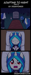Size: 850x2000 | Tagged: safe, artist:drawponies, artist:terminuslucis, dj pon-3, vinyl scratch, oc, oc:symphony, oc:symphony song, pony, undead, unicorn, vampire, vampony, comic:adapting to night, g4, adoracreepy, awakening, coffin, comic, creepy, cute, cute little fangs, fangs, father and child, father and daughter, female, filly, filly vinyl scratch, funeral, gravestone, male, melody song, mood whiplash, mother and child, mother and daughter, nightmare fuel, open mouth, plot twist, rain, red eyes, resurrection, reveal, vinyl the vampire, vinylbetes, wham shot, wide eyes, younger