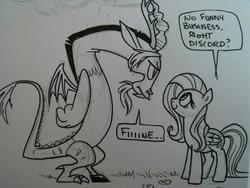 Size: 816x612 | Tagged: safe, artist:brenda hickey, idw, discord, fluttershy, g4, comic, dialogue, lineart, monochrome, partial color, traditional art, unamused