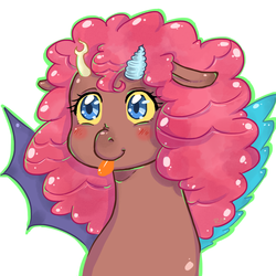 Size: 1000x1000 | Tagged: source needed, useless source url, safe, artist:redmisa, oc, oc only, interspecies offspring, mismatched horns, mismatched wings, offspring, parent:discord, parent:pinkie pie, parents:discopie, solo, wings