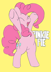 Size: 2513x3504 | Tagged: safe, artist:yasumitsu, pinkie pie, earth pony, pony, g4, bipedal, cute, diapinkes, eyes closed, female, high res, open mouth, pixiv, simple background, solo, yellow background