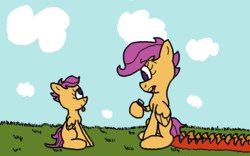 Size: 958x599 | Tagged: safe, artist:nobody-hares, scootaloo, g4, female, solo, time travel