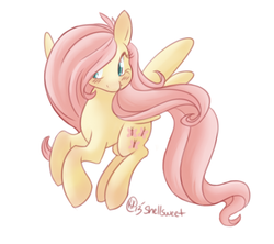 Size: 519x461 | Tagged: safe, artist:shellsweet, fluttershy, pegasus, pony, g4, blushing, female, looking away, looking sideways, mare, simple background, solo, spread wings, turned head, white background, wings
