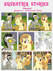 Size: 1800x2409 | Tagged: safe, artist:estories, apple cobbler, discord, oc, oc:alice goldenfeather, earth pony, pegasus, pony, unicorn, comic:find yourself, g4, apple family member, comic, glowing, glowing horn, horn, ponified, pony discord, teleportation