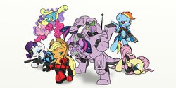 Size: 1280x640 | Tagged: safe, artist:inkwell, applejack, fluttershy, pinkie pie, rainbow dash, rarity, spike, twilight sparkle, pony, g4, armor, badass, behaving like a weapon, crossover, face down ass up, gun, hmd, mane six, mecha, psionics, twigun, x-com, xcom: enemy unknown