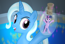 Size: 2062x1387 | Tagged: safe, artist:frogem, trixie, twilight sparkle, alicorn, pony, g4, cork, jar, micro, pony in a bottle, the legend of zelda, twilight sparkle (alicorn), twilybuse