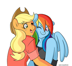 Size: 900x820 | Tagged: safe, artist:mawiib3, applejack, rainbow dash, anthro, g4, clothes, female, lesbian, ship:appledash, shipping