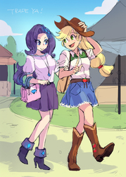 Size: 572x800 | Tagged: safe, artist:kurieto, applejack, rarity, human, g4, trade ya!, clothes, denim skirt, duo, equestria girls outfit, female, high heels, humanized, lesbian, scene interpretation, ship:rarijack, shipping, skirt