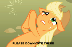 Size: 944x623 | Tagged: safe, applejack, g4, applepray, downvote, female, image macro, meme, on back, reverse psychology, solo