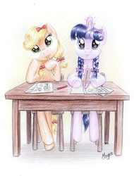 Size: 953x1255 | Tagged: safe, artist:magfen, applejack, twilight sparkle, g4, alternate hairstyle, braid, chair, cute, drawing, grin, jackabetes, looking at you, magic, mouth hold, pencil, pencil drawing, pigtails, sitting, smiling, squee, table, telekinesis, traditional art, twiabetes, writing