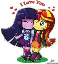 Size: 739x818 | Tagged: safe, artist:the-butch-x, sunset shimmer, twilight sparkle, equestria girls, g4, blushing, chibi, cute, duo, female, holding hands, lesbian, shimmerbetes, ship:sunsetsparkle, shipping, twiabetes, walking