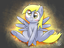 Size: 2048x1536 | Tagged: safe, artist:rockarboom, derpy hooves, pegasus, pony, g4, blushing, cute, female, mare, sitting, smiling, solo, spread wings, underhoof