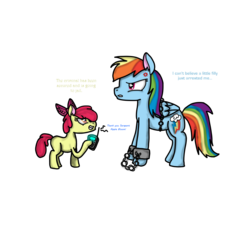 Size: 1100x1000 | Tagged: safe, artist:xxannabethxx, apple bloom, rainbow dash, earth pony, pegasus, pony, g4, angry, arrested, bound wings, cellphone, chains, cuffs, female, filly, foal, mare, prisoner rd, radio, shackles, simple background, transparent background