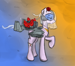 Size: 862x759 | Tagged: artist needed, safe, oc, oc only, oc:thunderbolt, original species, plane pony, pony, a-10 thunderbolt ii, bow, clothes, colored, cute, dress, eyes closed, flower, garter, plane, raised hoof, rose, smiling, solo, veil, wedding, wedding dress, wedding veil
