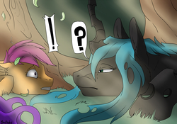 Size: 1280x896 | Tagged: safe, artist:backlash91, queen chrysalis, scootaloo, g4, forest, story included, wide eyes