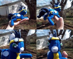 Size: 800x646 | Tagged: safe, artist:corgiblue, soarin', pegasus, pony, g4, customized toy, folded wings, irl, old cutie mark, outdoors, photo, plushie, wings, wonderbolts uniform