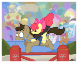 Size: 1000x807 | Tagged: safe, artist:caycowa, apple bloom, doctor whooves, scootaloo, sweetie belle, time turner, horse, pony, g4, bridle, cutie mark crusaders, london 2012, olympic games, olympics, ponies riding horses, ponies riding ponies, riding, saddle, summer olympics, tack