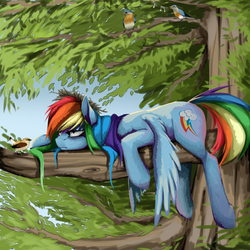 Size: 2500x2500 | Tagged: safe, artist:santagiera, rainbow dash, bird, pegasus, pony, g4, crash, female, frown, grumpy, high res, lying, mare, music notes, nest, outdoors, solo, tree, tree branch, wings down
