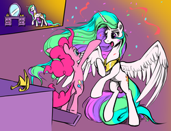 Size: 1424x1086 | Tagged: safe, artist:nadnerbd, pinkie pie, princess celestia, alicorn, earth pony, pony, g4, butt, cartoon physics, celestia's crown, comic, confetti, dresser, female, folded wings, height difference, hoof shoes, jewelry, long mane, long tail, mare, mirror, open mouth, peytral, pinkie being pinkie, plot, princess shoes, raised hoof, raised hooves, raised leg, rearing, regalia, slender, spread wings, surprised, tail, thin, wings