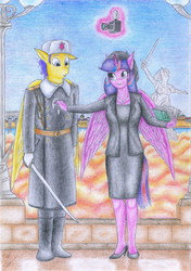 Size: 2451x3490 | Tagged: safe, artist:sinaherib, flash sentry, twilight sparkle, anthro, g4, duo, high res, sword, the motherland calls, traditional art, twilight sparkle (alicorn), volgograd