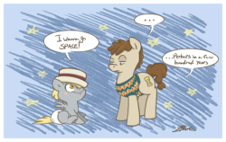 Size: 951x600 | Tagged: safe, artist:caycowa, derpy hooves, doctor whooves, time turner, earth pony, pegasus, pony, g4, accessory swap, baby, baby pony, diaper, doctor who, duo, filly, hat, ponified, seventh doctor, the doctor