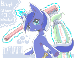 Size: 616x469 | Tagged: safe, artist:usappy-barkhaward, minuette, pony, unicorn, g4, bipedal, female, solo, toothbrush, toothpaste