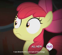 Size: 635x568 | Tagged: safe, screencap, apple bloom, earth pony, pony, g4, disturbed, female, frown, hub logo, image macro, meme, solo, wide eyes