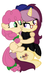 Size: 456x626 | Tagged: safe, artist:alari1234-bases, artist:sarahostervig, oc, oc only, oc:gardenia, oc:lannie lona, base used, beatnik, beret, bow, clothes, hug, sweater, turtleneck