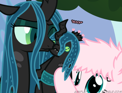 Size: 650x500 | Tagged: safe, artist:mixermike622, queen chrysalis, oc, oc:fluffle puff, g4, boop, chrysalis plushie, frown, heart, noseboop, plushie, wink