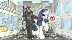 Size: 1191x670 | Tagged: safe, artist:malamol, rarity, g4, crossover, dallas, fire ruby, magic, payday, payday 2, payday the heist