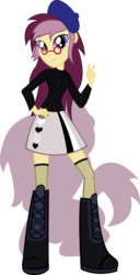 Size: 552x1080 | Tagged: safe, artist:rariedash, oc, oc only, oc:lannie lona, human, equestria girls, g4, beatnik, beret, boots, clothes, glasses, miniskirt, peace sign, shoes, sillhouette, skirt, socks, solo, square crossover, sweater, thigh highs, thigh socks, turtleneck