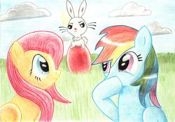 Size: 3488x2447 | Tagged: safe, artist:creativsven, angel bunny, fluttershy, rainbow dash, g4, high res, traditional art