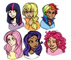 Size: 1089x921 | Tagged: safe, artist:novabones, applejack, fluttershy, pinkie pie, rainbow dash, rarity, twilight sparkle, human, g4, bindi, dark skin, humanized, mane six