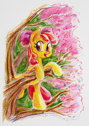 Size: 600x847 | Tagged: safe, artist:maytee, apple bloom, g4, climbing, female, solo, traditional art, tree