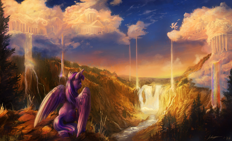 Size: 1600x978 | Tagged: safe, artist:huussii, artist:viwrastupr, twilight sparkle, alicorn, pony, g4, cloud, cloudsdale, cloudy, collaboration, daily deviation, featured image, female, horn, large wings, looking up, mare, rainbow waterfall, scenery, scenery porn, sitting, solo, spread wings, twilight sparkle (alicorn), waterfall, wings
