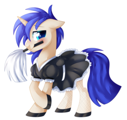 Size: 3027x2862 | Tagged: safe, artist:xnightmelody, oc, oc only, oc:trick shot, pony, unicorn, blushing, clothes, crossdressing, cute, dressup, high res, maid, solo, stockings
