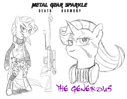 Size: 900x701 | Tagged: safe, artist:xscaralienx, rarity, pony, unicorn, g4, camouflage, cobra unit, female, gun, hooves, horn, konami, mare, metal gear, metal gear solid, metal gear solid 3, optical sight, rifle, sniper rifle, solo, text, weapon