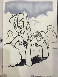 Size: 768x1024 | Tagged: safe, artist:thom zahler, earth pony, pony, anna, commission, female, frozen (movie), heroescon, heroescon 2014, mare, open mouth, open smile, ponified, smiling, snowman, solo, tail, traditional art