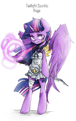Size: 526x837 | Tagged: safe, artist:dear-cotton-candy, twilight sparkle, alicorn, pony, semi-anthro, g4, arcane arts, arcane magic, bipedal, character class, clothes, dress, fantasy class, female, glowing hooves, mage, magic, scepter, solo, tera, twilight sparkle (alicorn), wizard