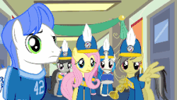 Size: 300x169 | Tagged: safe, artist:ilovekimpossiblealot, daring do, derpy hooves, dj pon-3, fluttershy, octavia melody, vinyl scratch, oc, oc:antony c, earth pony, pegasus, pony, g4, animated, awkward, drums, female, let's go and meet john de lancie, looking at you, male, marching band, mare, musical instrument, raised eyebrow, reaction image, stallion, trumpet, tuba, wtf